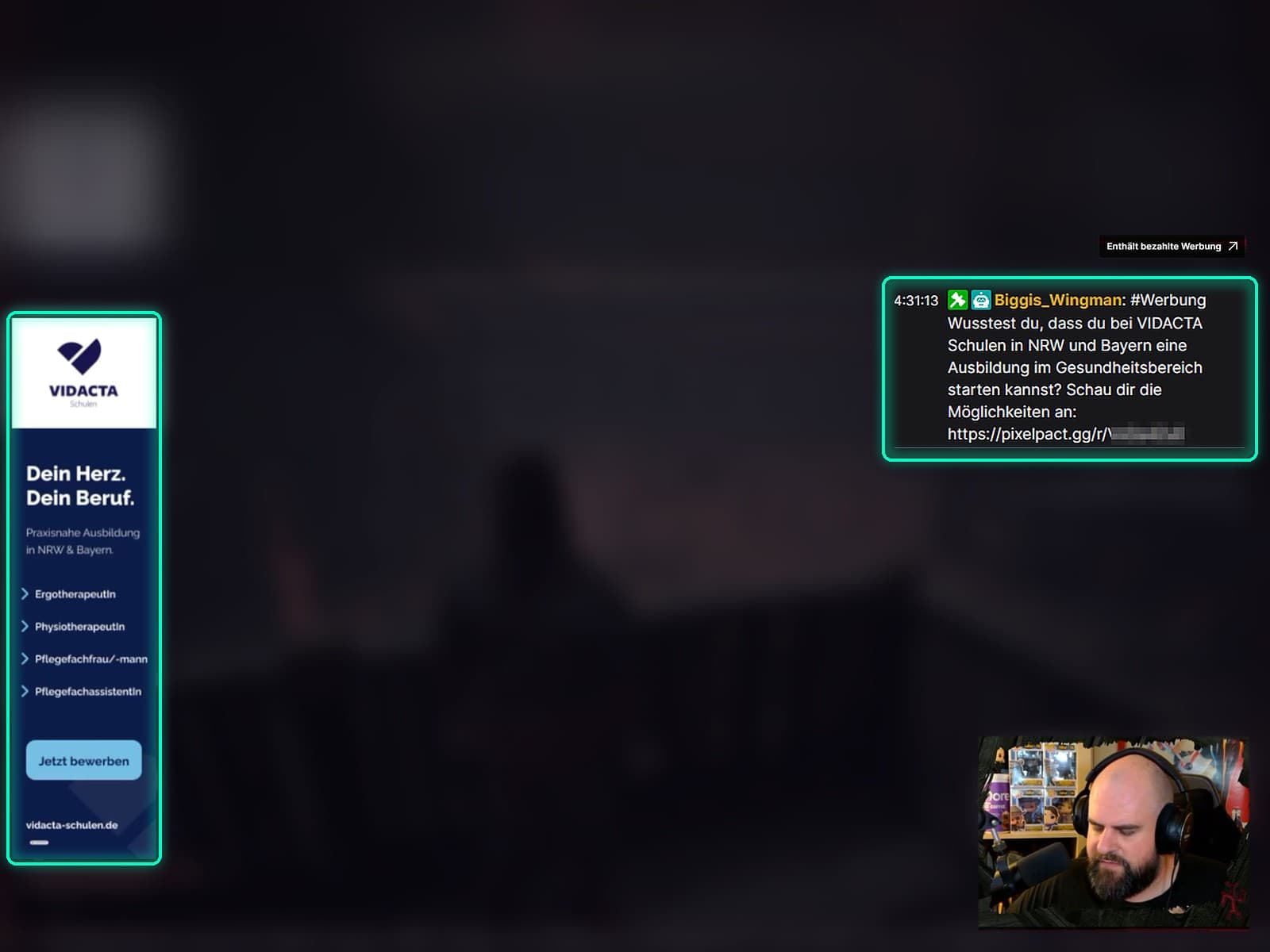 Stream showing a VIDACTA display ad on the left and a #Werbung chat message about healthcare apprenticeships on the right