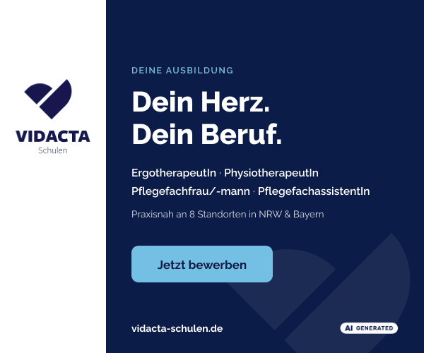 VIDACTA Schulen box ad: “Dein Herz. Dein Beruf.”, four apprenticeships, 8 locations in NRW & Bavaria and a “Jetzt bewerben” button